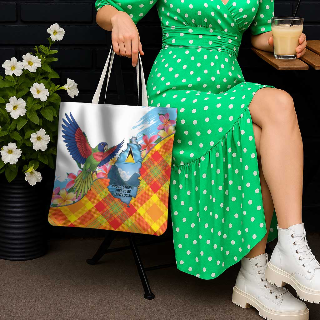 Saint Lucia Independence Day Tote Bag Saint Lucian Map Pitons Madras Pattern