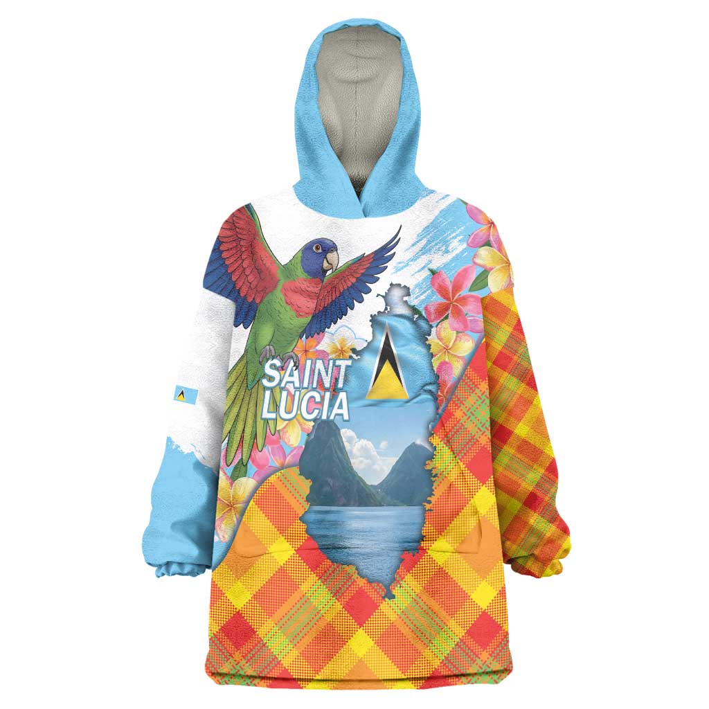 Saint Lucia Independence Day Wearable Blanket Hoodie Saint Lucian Map Pitons Madras Pattern