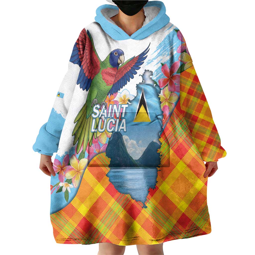 Saint Lucia Independence Day Wearable Blanket Hoodie Saint Lucian Map Pitons Madras Pattern