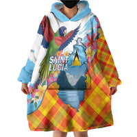 Saint Lucia Independence Day Wearable Blanket Hoodie Saint Lucian Map Pitons Madras Pattern