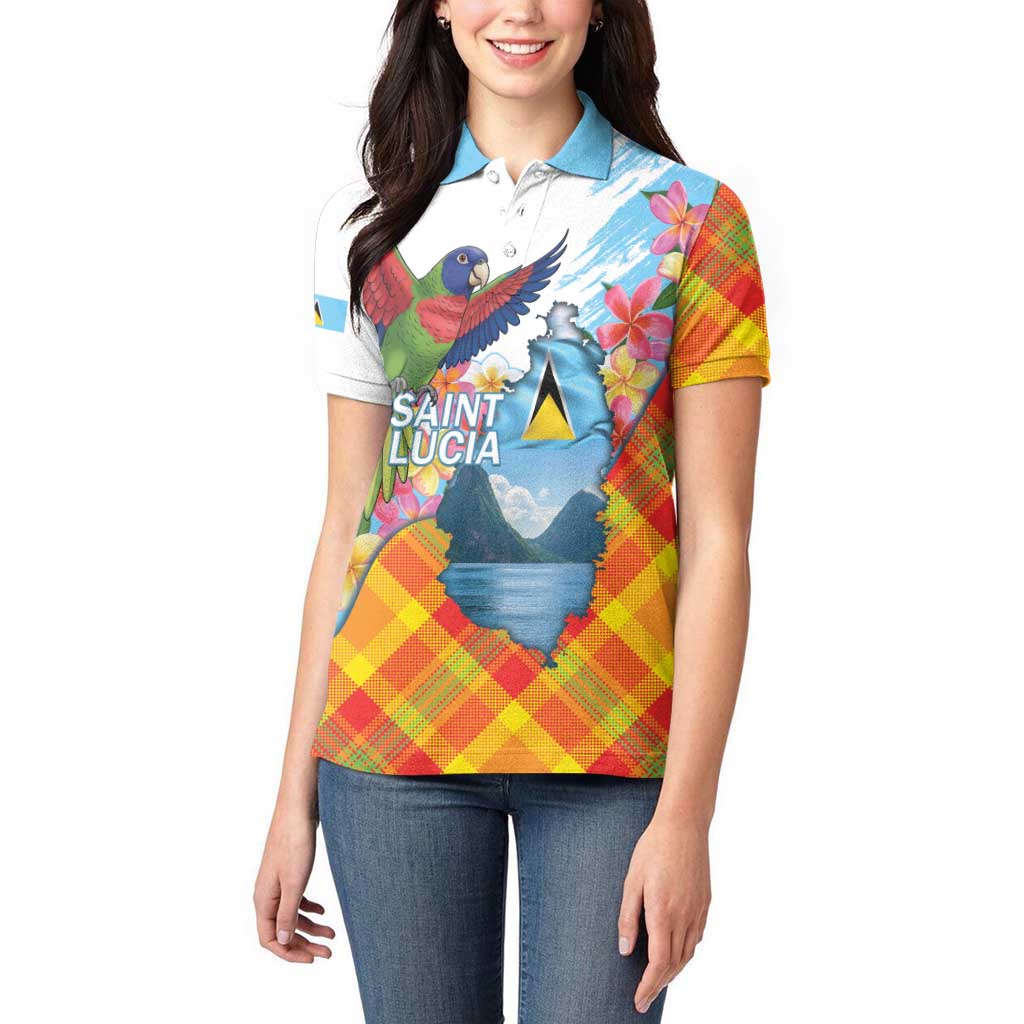 Saint Lucia Independence Day Women Polo Shirt Saint Lucian Map Pitons Madras Pattern