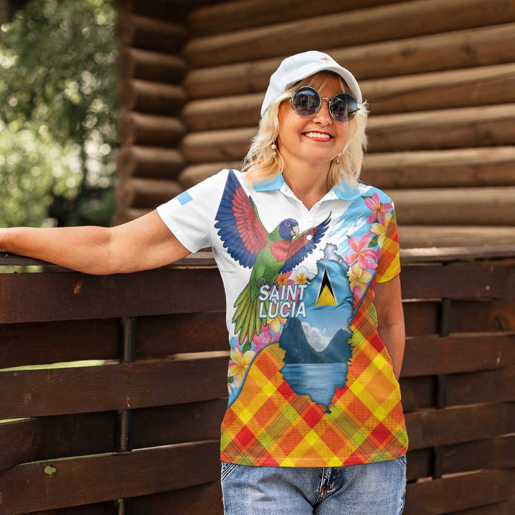 Saint Lucia Independence Day Women Polo Shirt Saint Lucian Map Pitons Madras Pattern