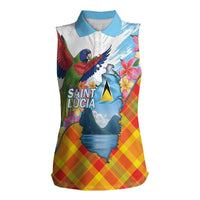 Saint Lucia Independence Day Women Sleeveless Polo Shirt Saint Lucian Map Pitons Madras Pattern