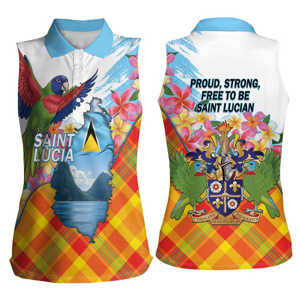Saint Lucia Independence Day Women Sleeveless Polo Shirt Saint Lucian Map Pitons Madras Pattern