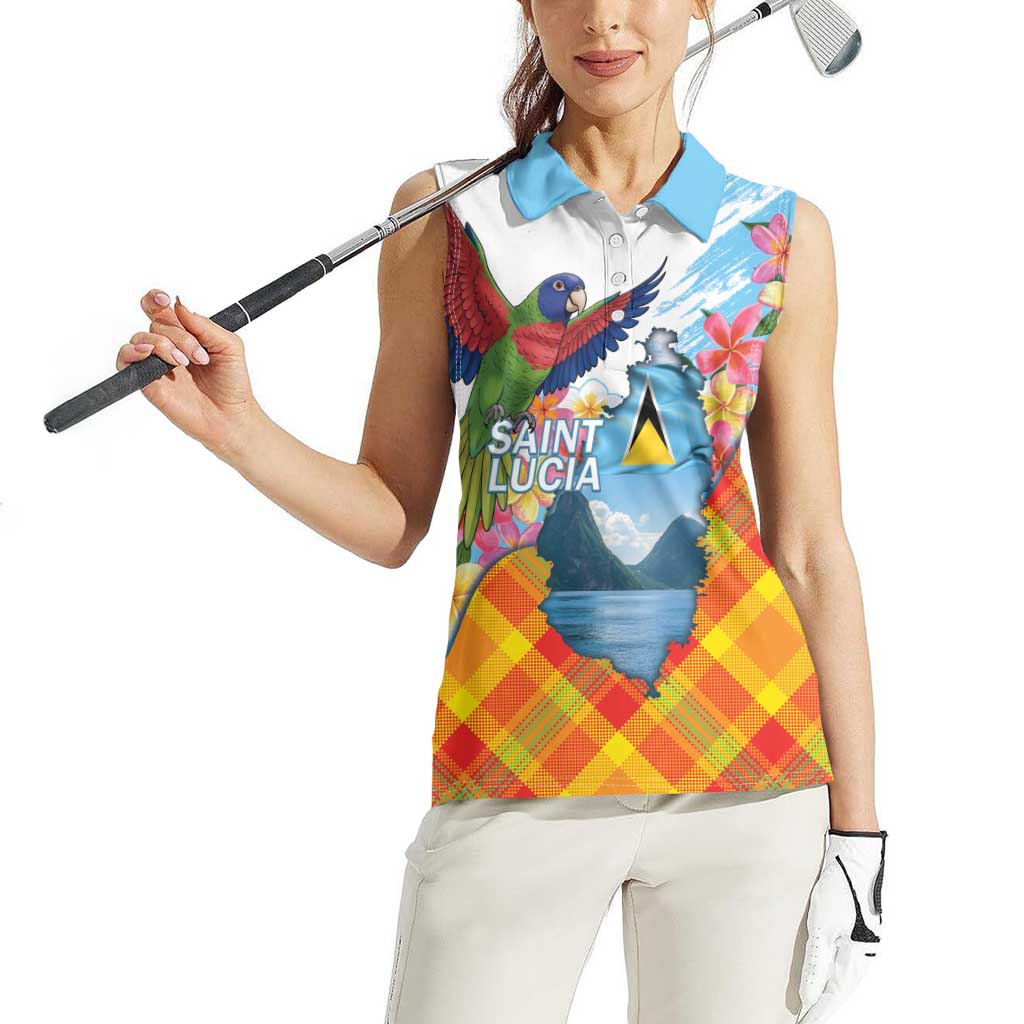 Saint Lucia Independence Day Women Sleeveless Polo Shirt Saint Lucian Map Pitons Madras Pattern