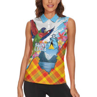 Saint Lucia Independence Day Women Sleeveless Polo Shirt Saint Lucian Map Pitons Madras Pattern