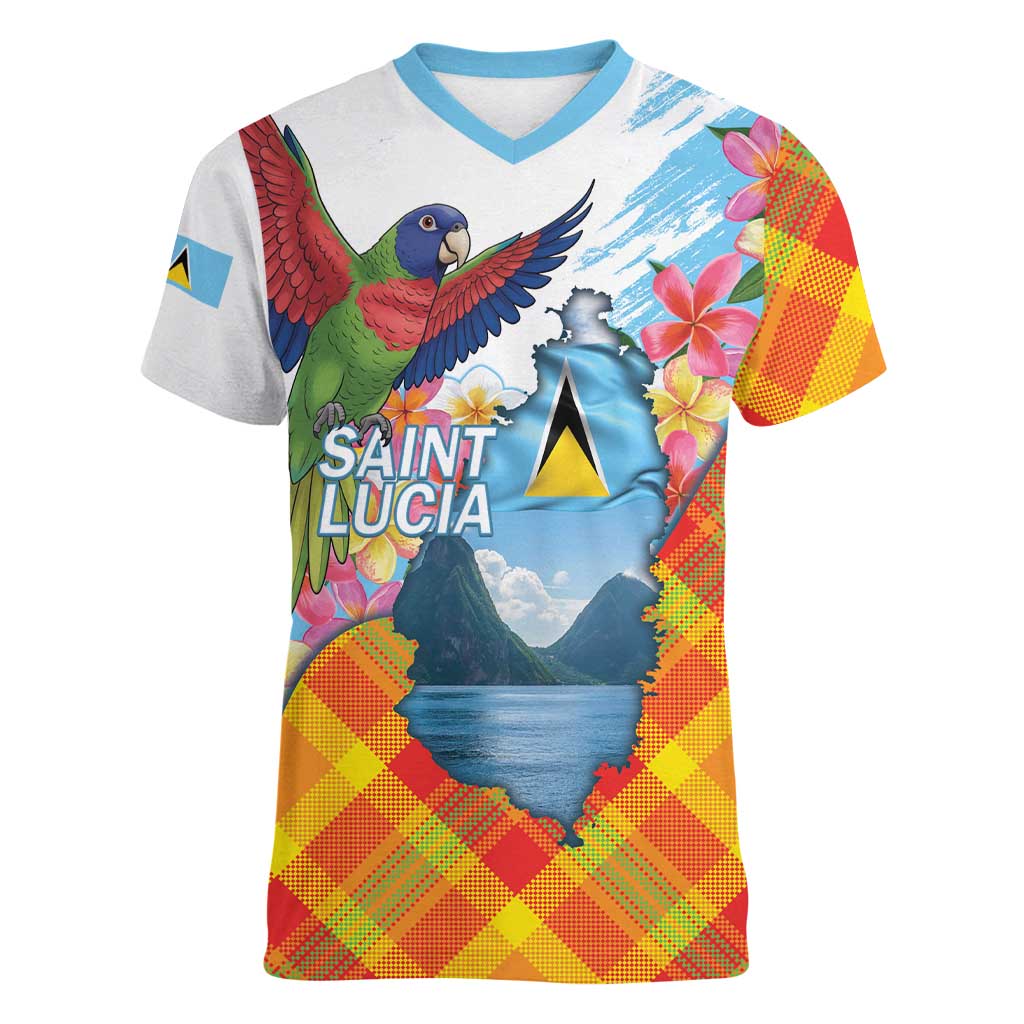 Saint Lucia Independence Day Women V-Neck T-Shirt Saint Lucian Map Pitons Madras Pattern