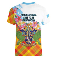Saint Lucia Independence Day Women V-Neck T-Shirt Saint Lucian Map Pitons Madras Pattern