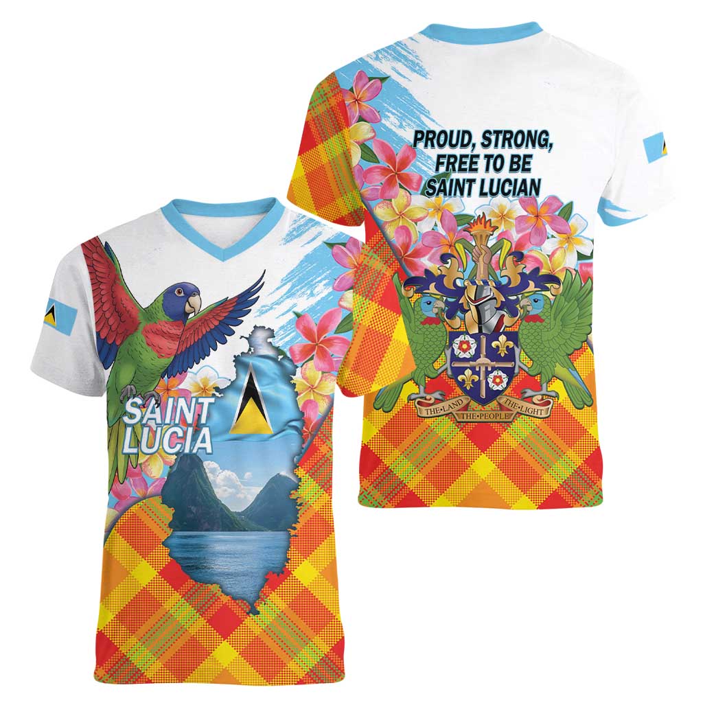 Saint Lucia Independence Day Women V-Neck T-Shirt Saint Lucian Map Pitons Madras Pattern