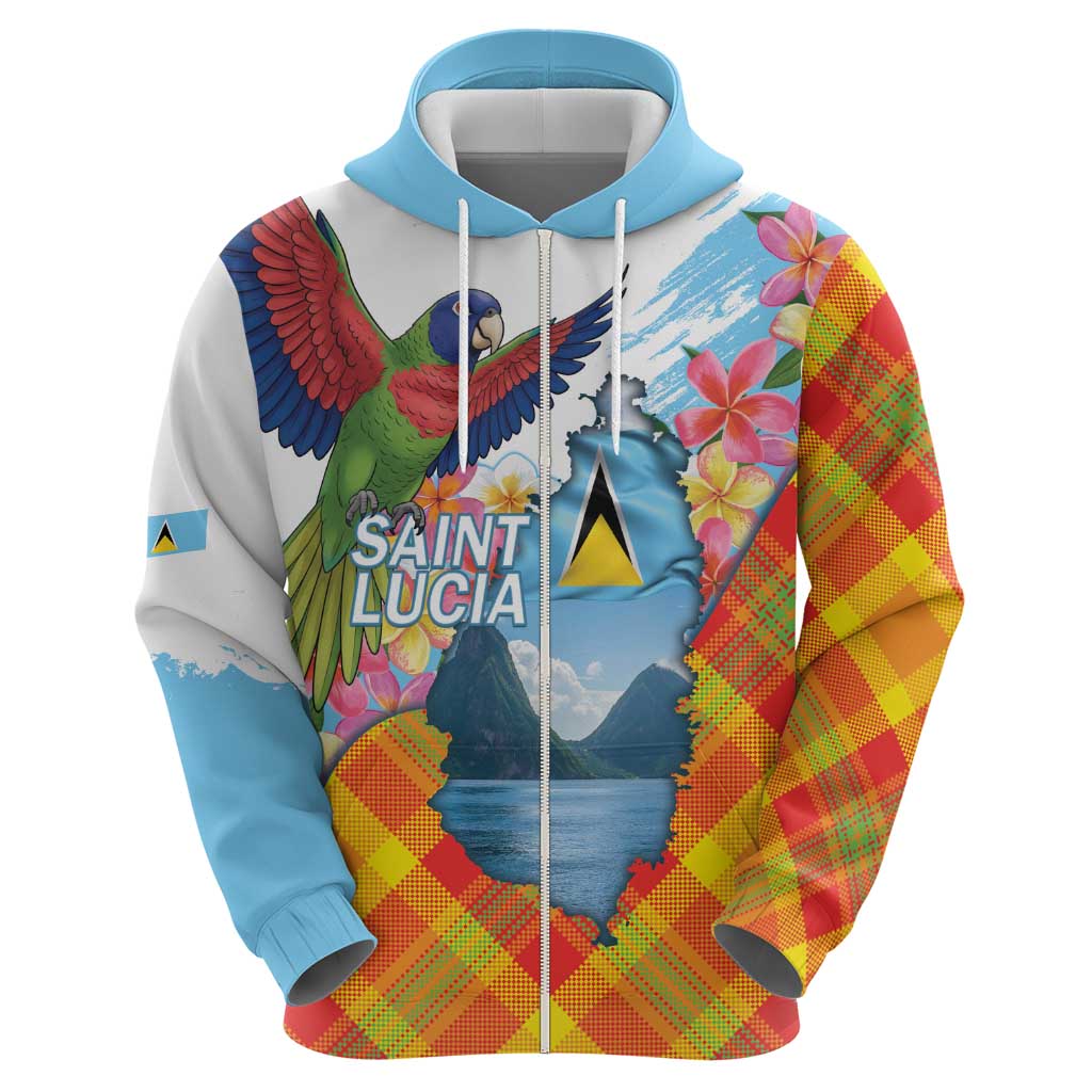Saint Lucia Independence Day Zip Hoodie Saint Lucian Map Pitons Madras Pattern