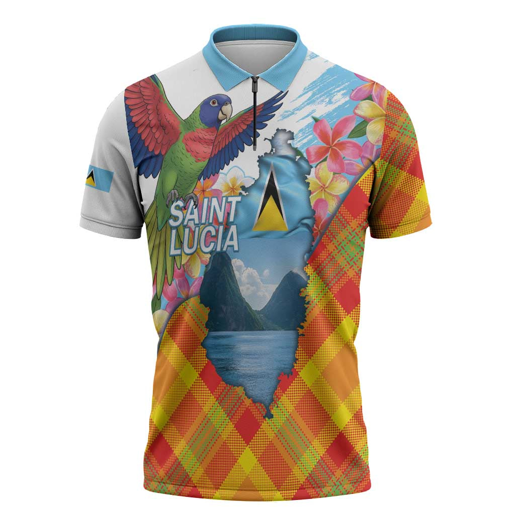 Saint Lucia Independence Day Zipper Polo Shirt Saint Lucian Map Pitons Madras Pattern