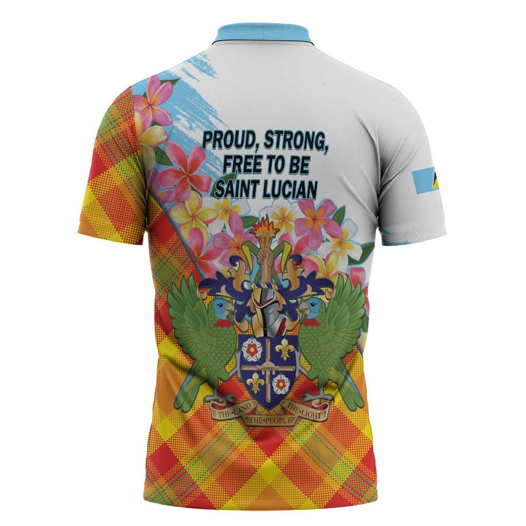 Saint Lucia Independence Day Zipper Polo Shirt Saint Lucian Map Pitons Madras Pattern
