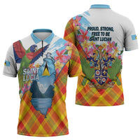 Saint Lucia Independence Day Zipper Polo Shirt Saint Lucian Map Pitons Madras Pattern