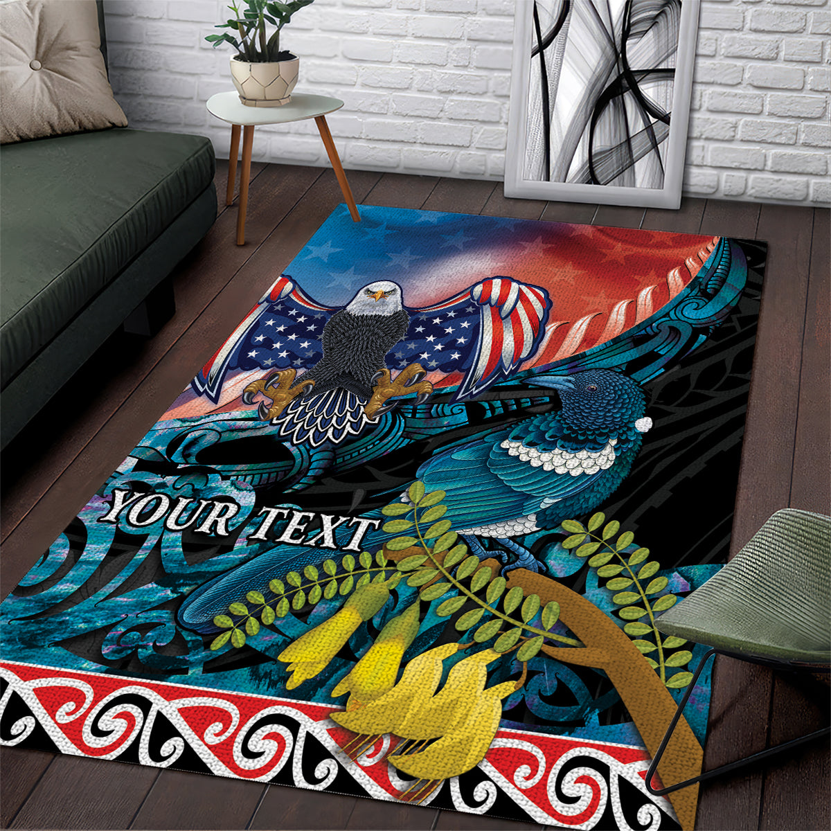 Personalised United States And New Zealand Area Rug USA Eagle With Kowhai Aotearoa Tui Bird - Wonder Print Shop