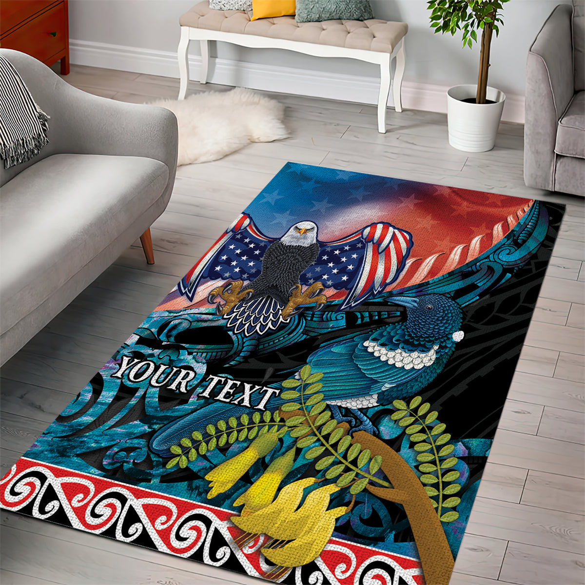 Personalised United States And New Zealand Area Rug USA Eagle With Kowhai Aotearoa Tui Bird - Wonder Print Shop