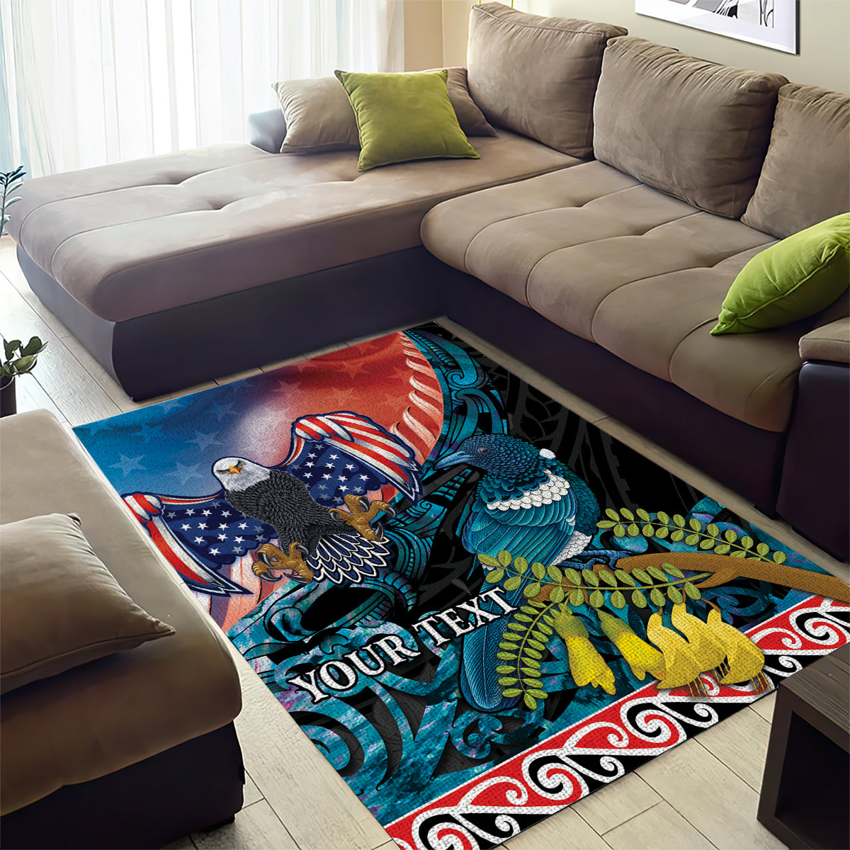 Personalised United States And New Zealand Area Rug USA Eagle With Kowhai Aotearoa Tui Bird - Wonder Print Shop