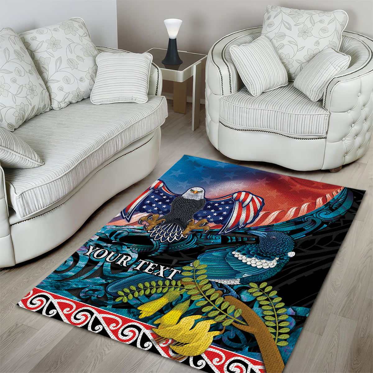 Personalised United States And New Zealand Area Rug USA Eagle With Kowhai Aotearoa Tui Bird - Wonder Print Shop