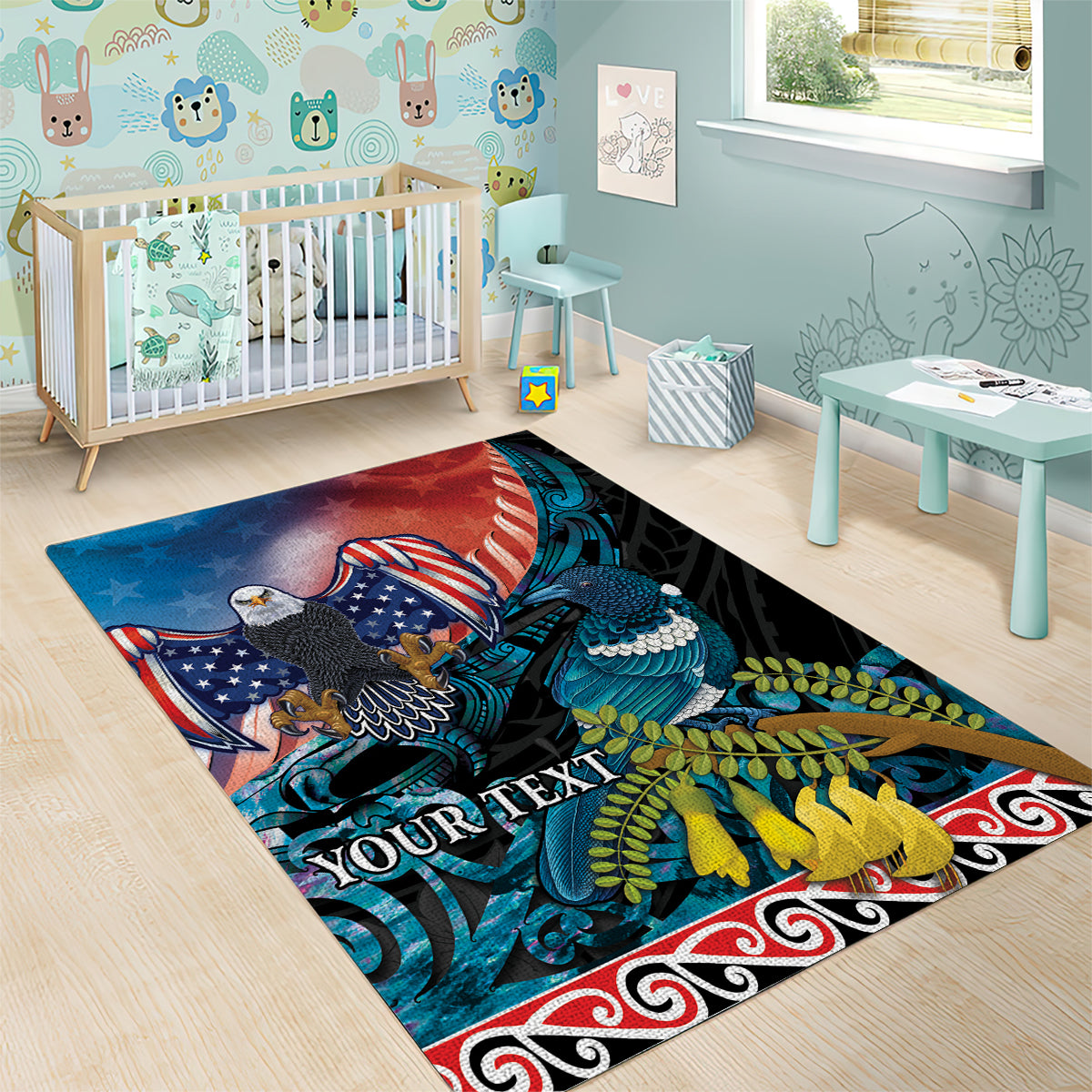 Personalised United States And New Zealand Area Rug USA Eagle With Kowhai Aotearoa Tui Bird - Wonder Print Shop