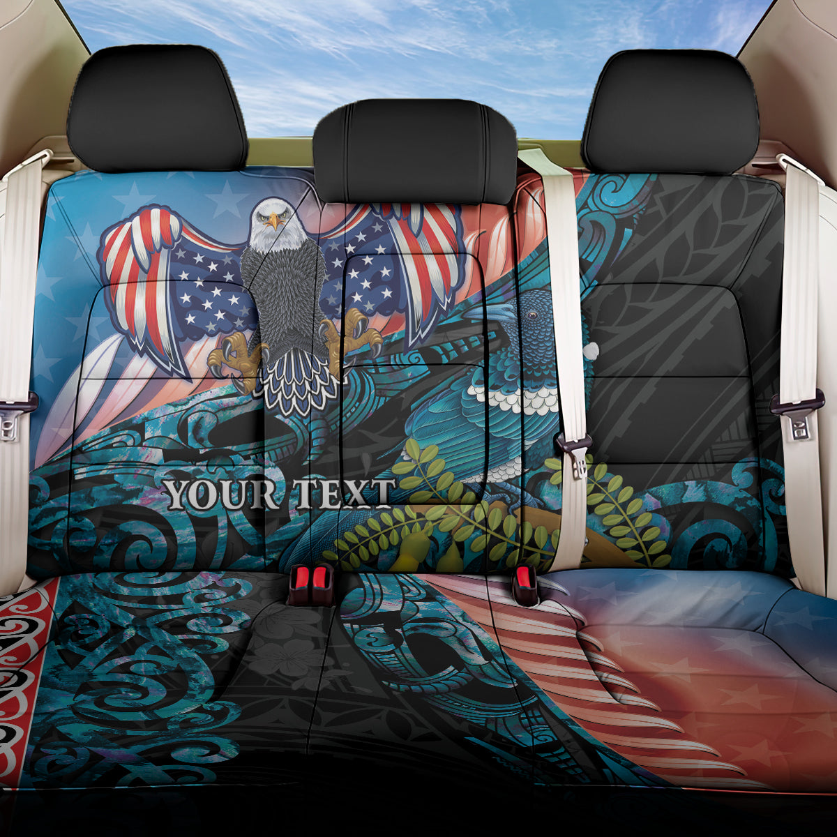 Personalised United States And New Zealand Back Car Seat Cover USA Eagle With Kowhai Aotearoa Tui Bird - Wonder Print Shop