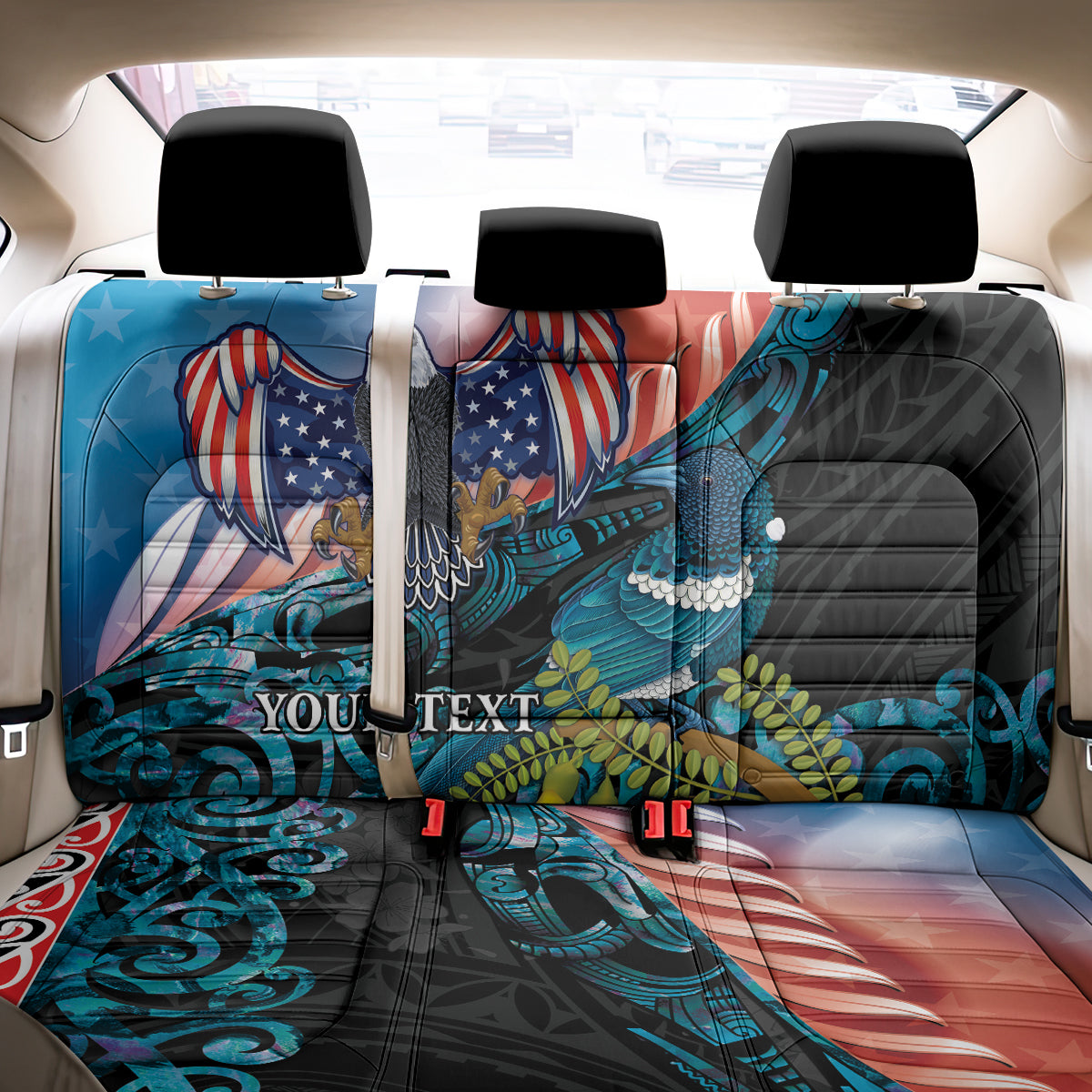 Personalised United States And New Zealand Back Car Seat Cover USA Eagle With Kowhai Aotearoa Tui Bird - Wonder Print Shop