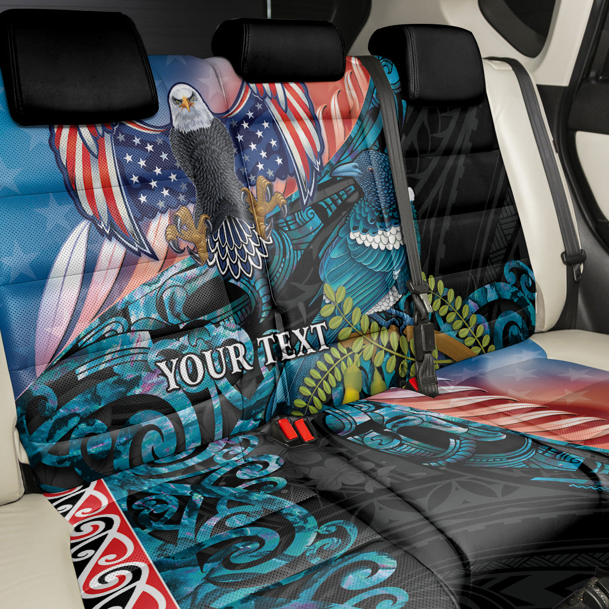 Personalised United States And New Zealand Back Car Seat Cover USA Eagle With Kowhai Aotearoa Tui Bird - Wonder Print Shop