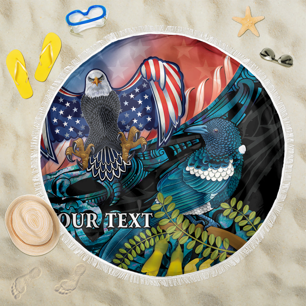 Personalised United States And New Zealand Beach Blanket USA Eagle With Kowhai Aotearoa Tui Bird - Wonder Print Shop
