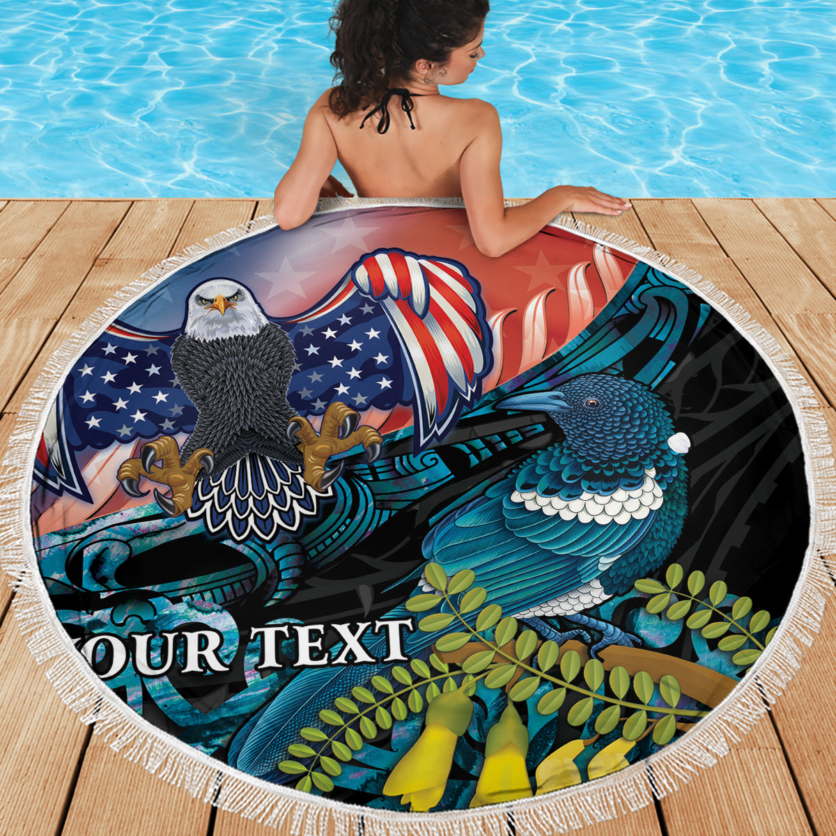 Personalised United States And New Zealand Beach Blanket USA Eagle With Kowhai Aotearoa Tui Bird - Wonder Print Shop