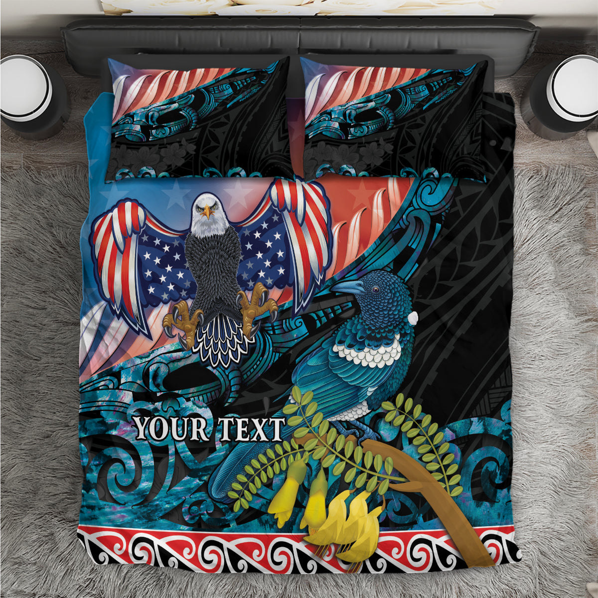 Personalised United States And New Zealand Bedding Set USA Eagle With Kowhai Aotearoa Tui Bird - Wonder Print Shop