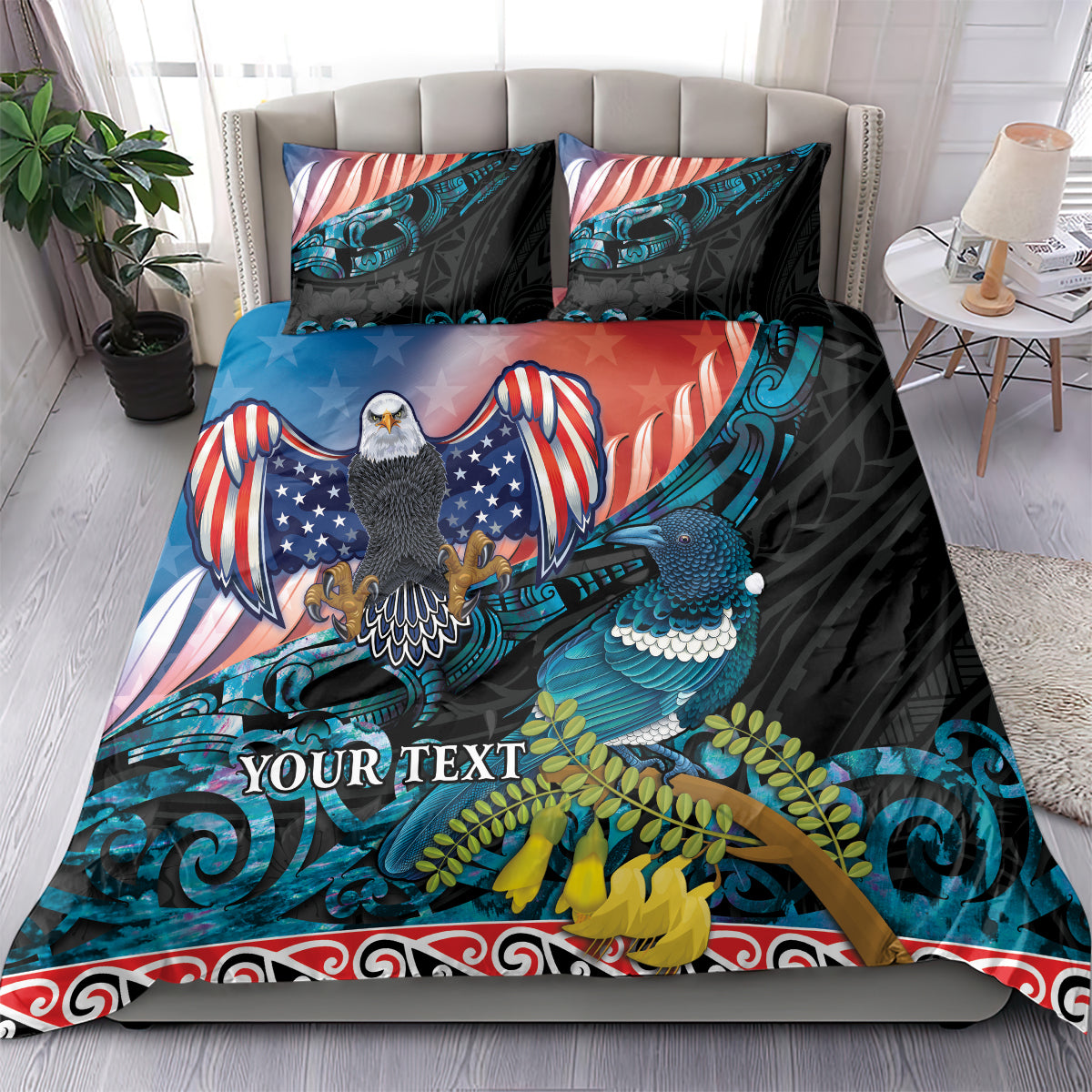 Personalised United States And New Zealand Bedding Set USA Eagle With Kowhai Aotearoa Tui Bird - Wonder Print Shop
