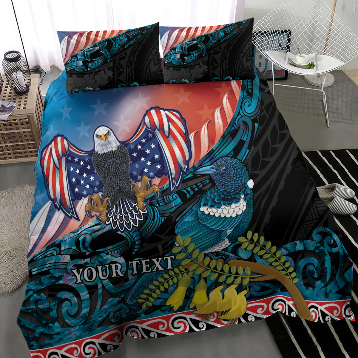 Personalised United States And New Zealand Bedding Set USA Eagle With Kowhai Aotearoa Tui Bird - Wonder Print Shop