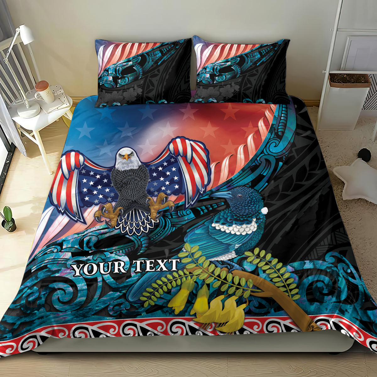 Personalised United States And New Zealand Bedding Set USA Eagle With Kowhai Aotearoa Tui Bird - Wonder Print Shop