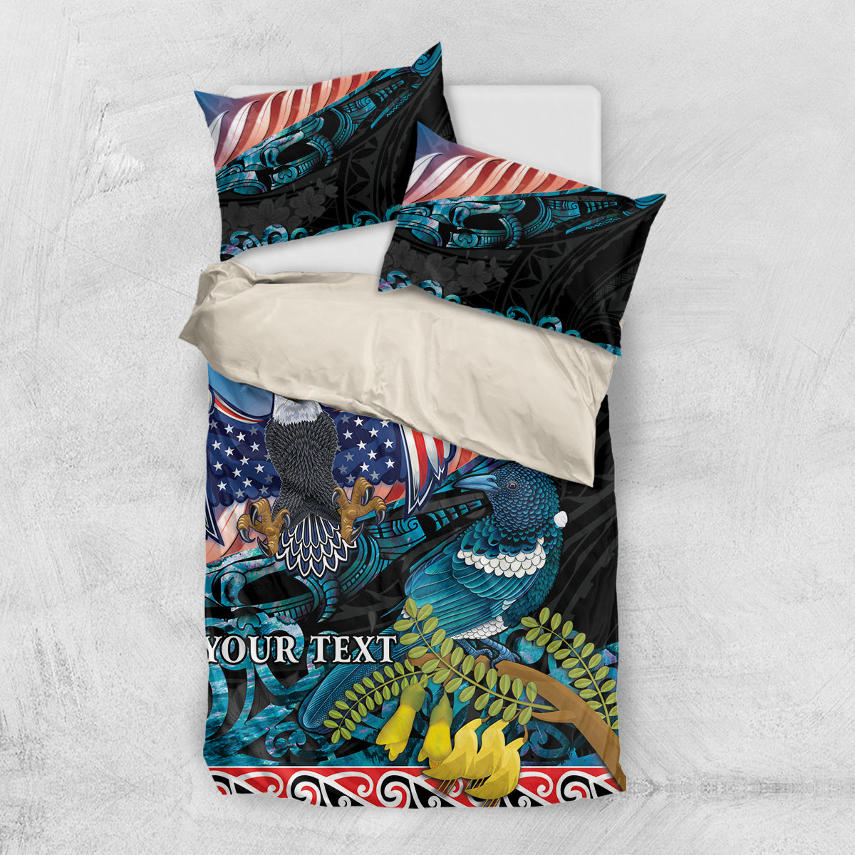 Personalised United States And New Zealand Bedding Set USA Eagle With Kowhai Aotearoa Tui Bird - Wonder Print Shop