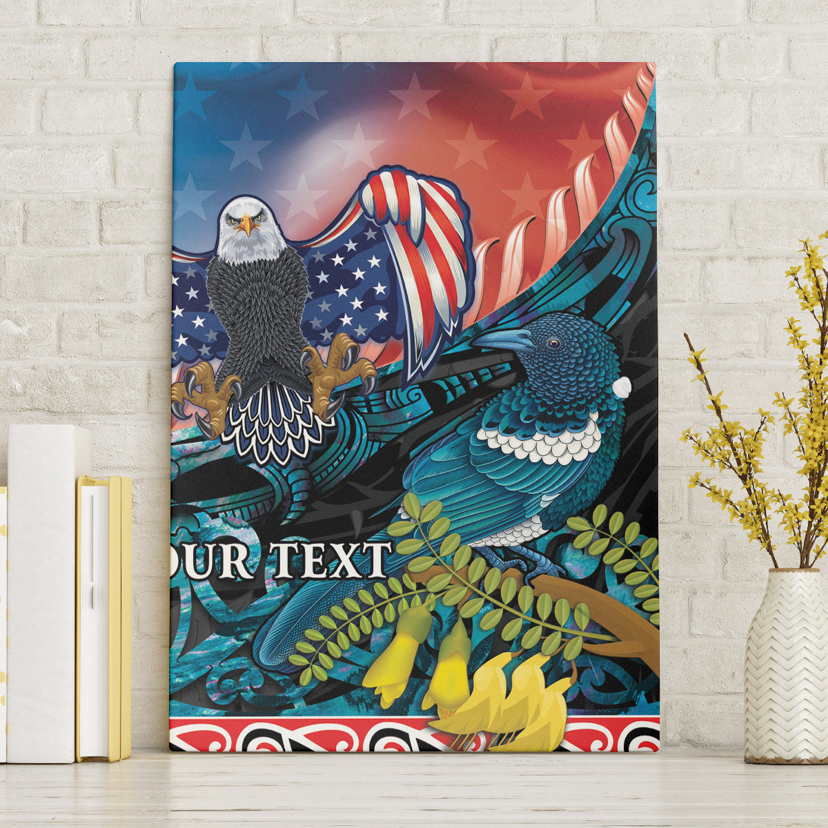 Personalised United States And New Zealand Canvas Wall Art USA Eagle With Kowhai Aotearoa Tui Bird - Wonder Print Shop