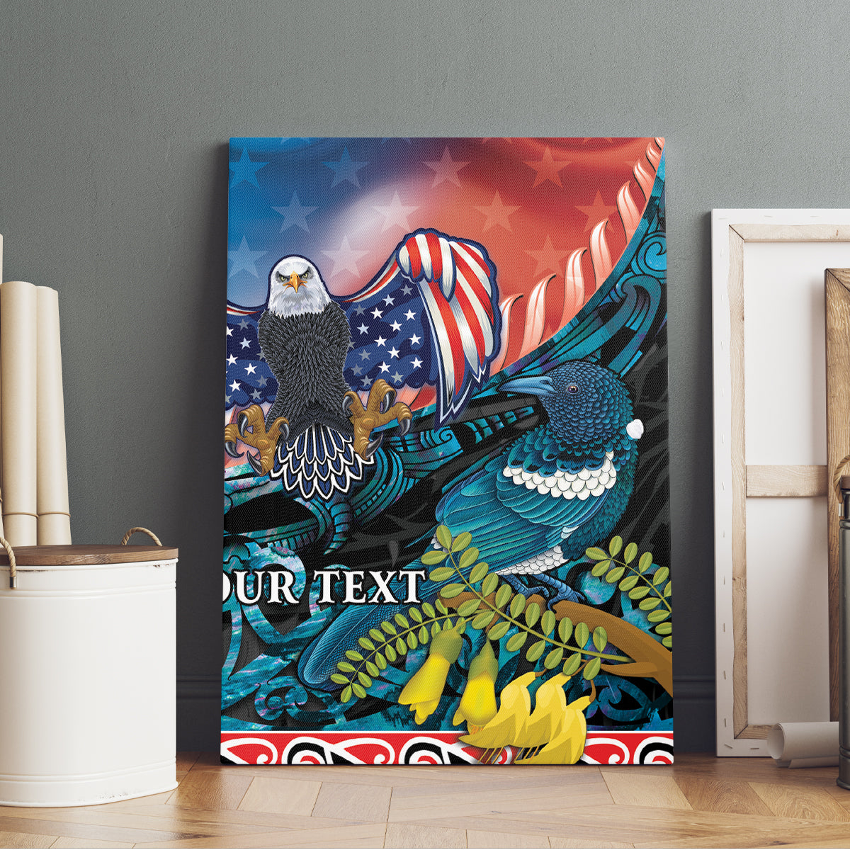 Personalised United States And New Zealand Canvas Wall Art USA Eagle With Kowhai Aotearoa Tui Bird - Wonder Print Shop