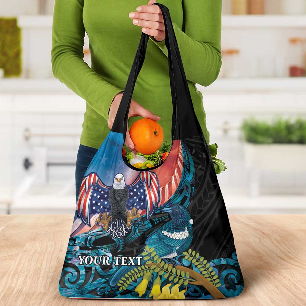 Personalised United States And New Zealand Grocery Bag USA Eagle With Kowhai Aotearoa Tui Bird