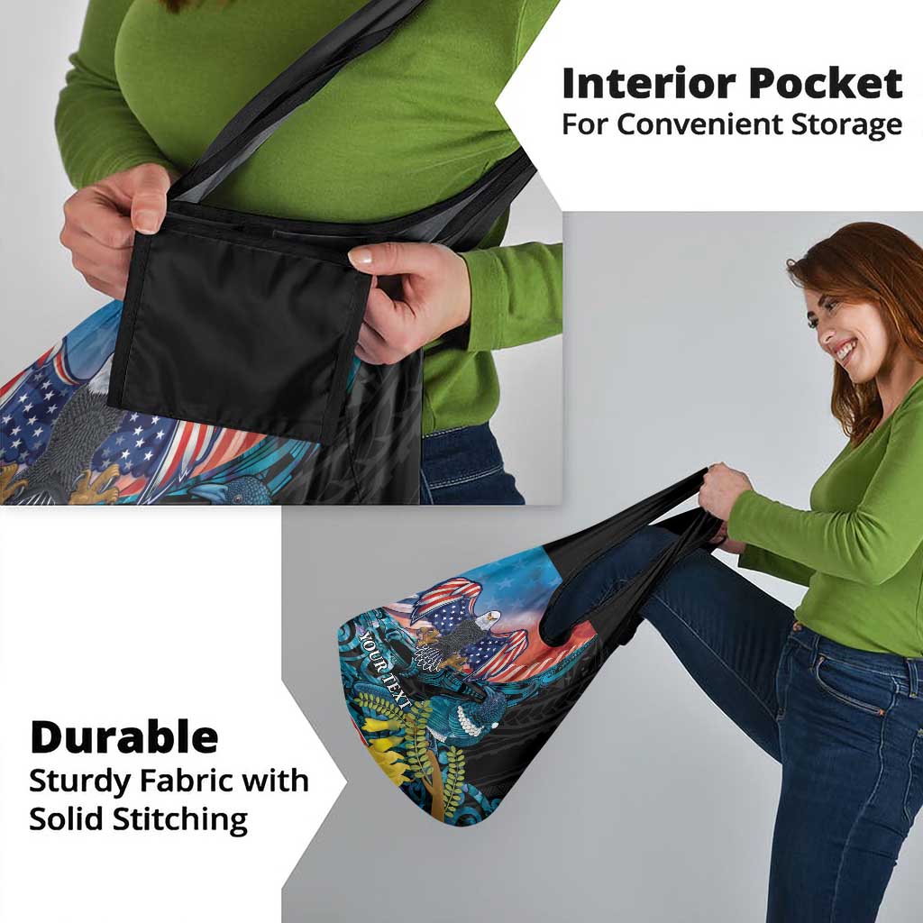 Personalised United States And New Zealand Grocery Bag USA Eagle With Kowhai Aotearoa Tui Bird