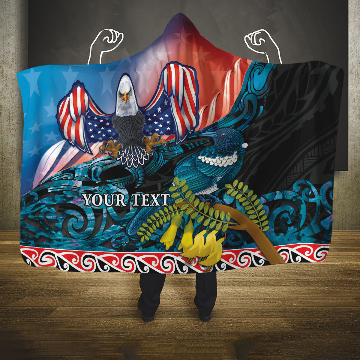 Personalised United States And New Zealand Hooded Blanket USA Eagle With Kowhai Aotearoa Tui Bird