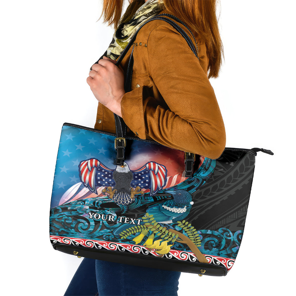 Personalised United States And New Zealand Leather Tote Bag USA Eagle With Kowhai Aotearoa Tui Bird - Wonder Print Shop