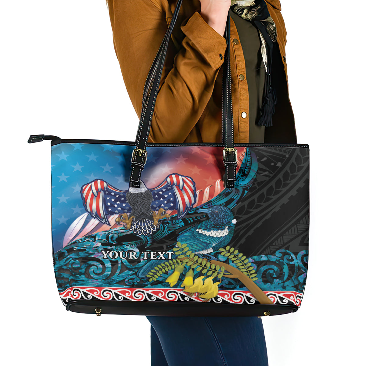 Personalised United States And New Zealand Leather Tote Bag USA Eagle With Kowhai Aotearoa Tui Bird - Wonder Print Shop