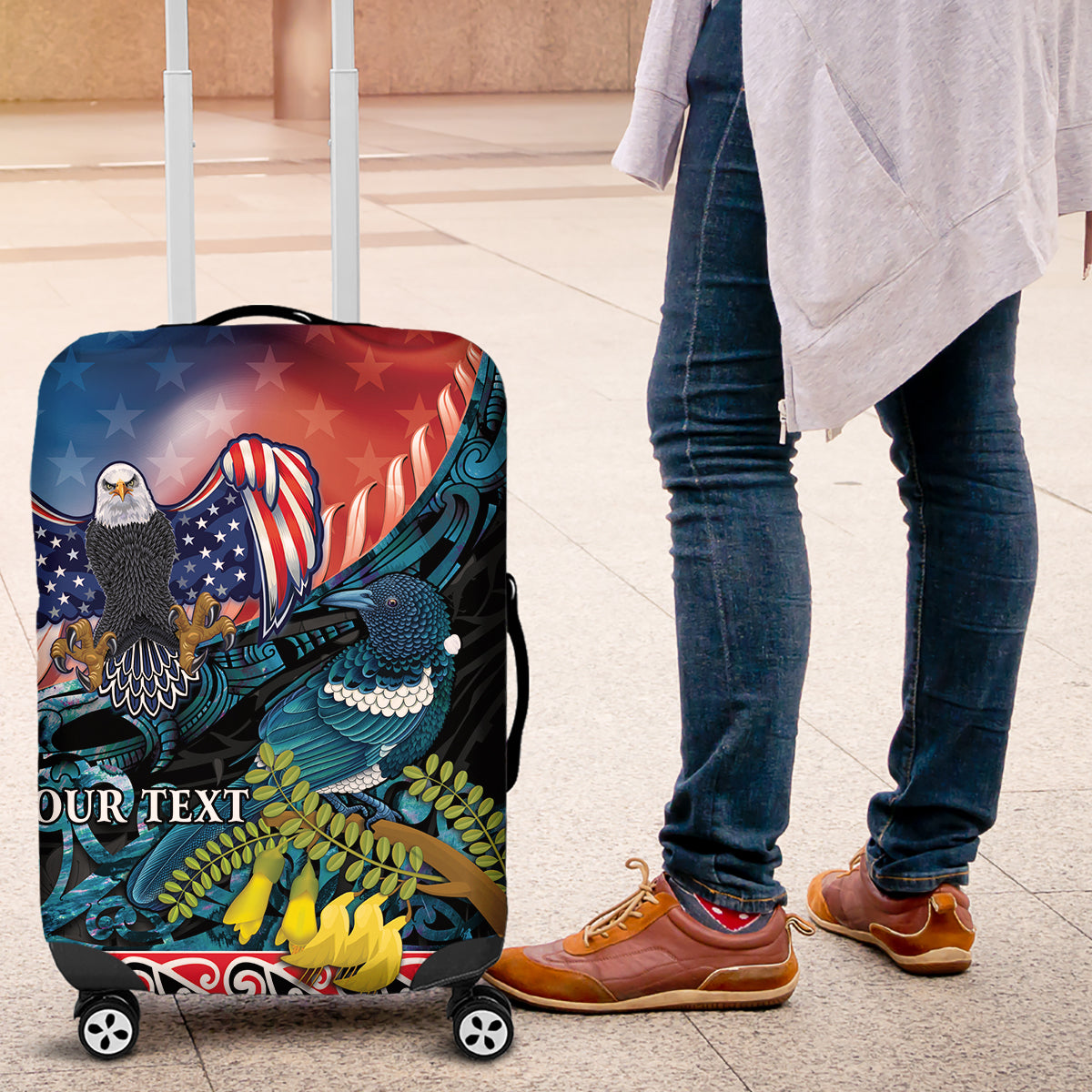 Personalised United States And New Zealand Luggage Cover USA Eagle With Kowhai Aotearoa Tui Bird