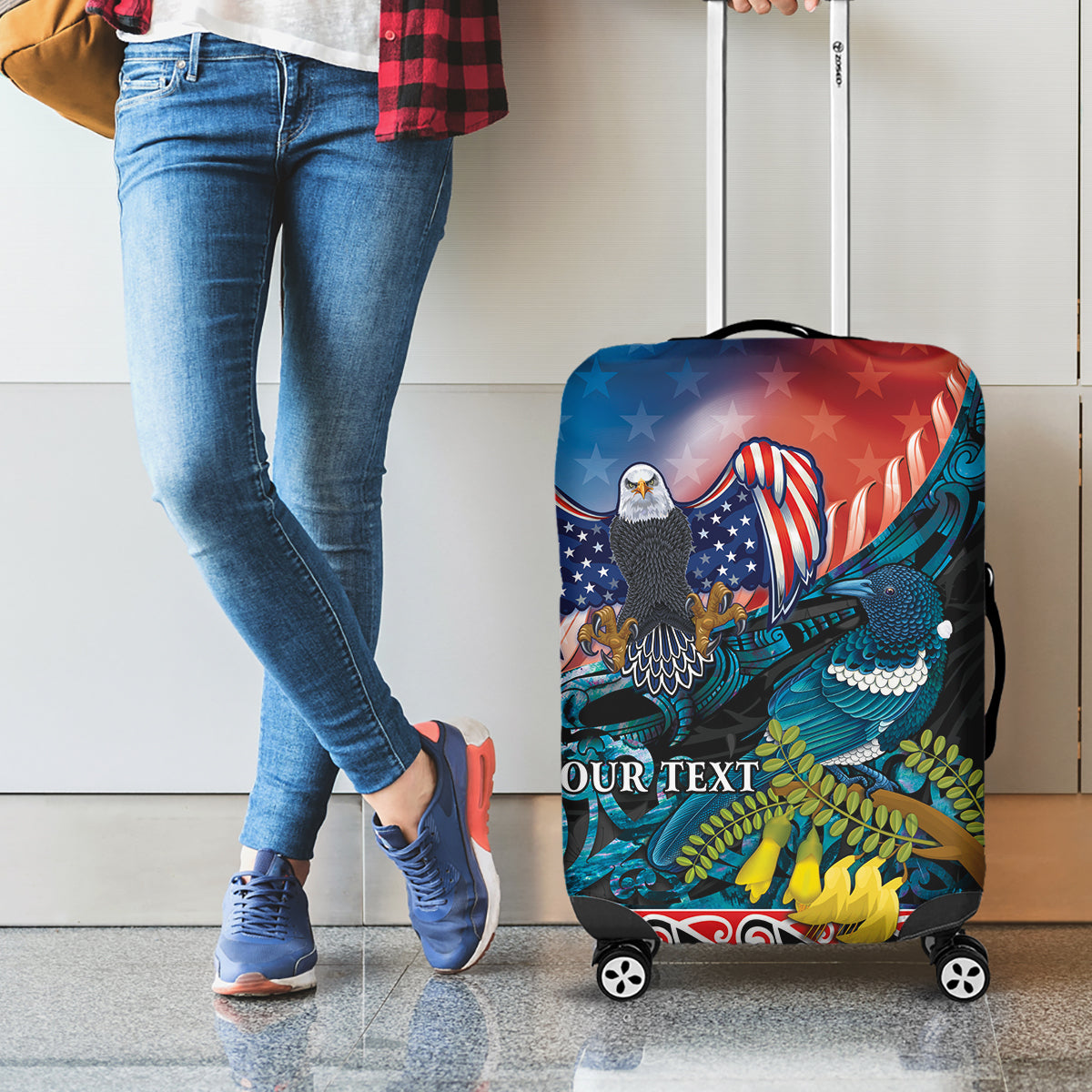 Personalised United States And New Zealand Luggage Cover USA Eagle With Kowhai Aotearoa Tui Bird - Wonder Print Shop