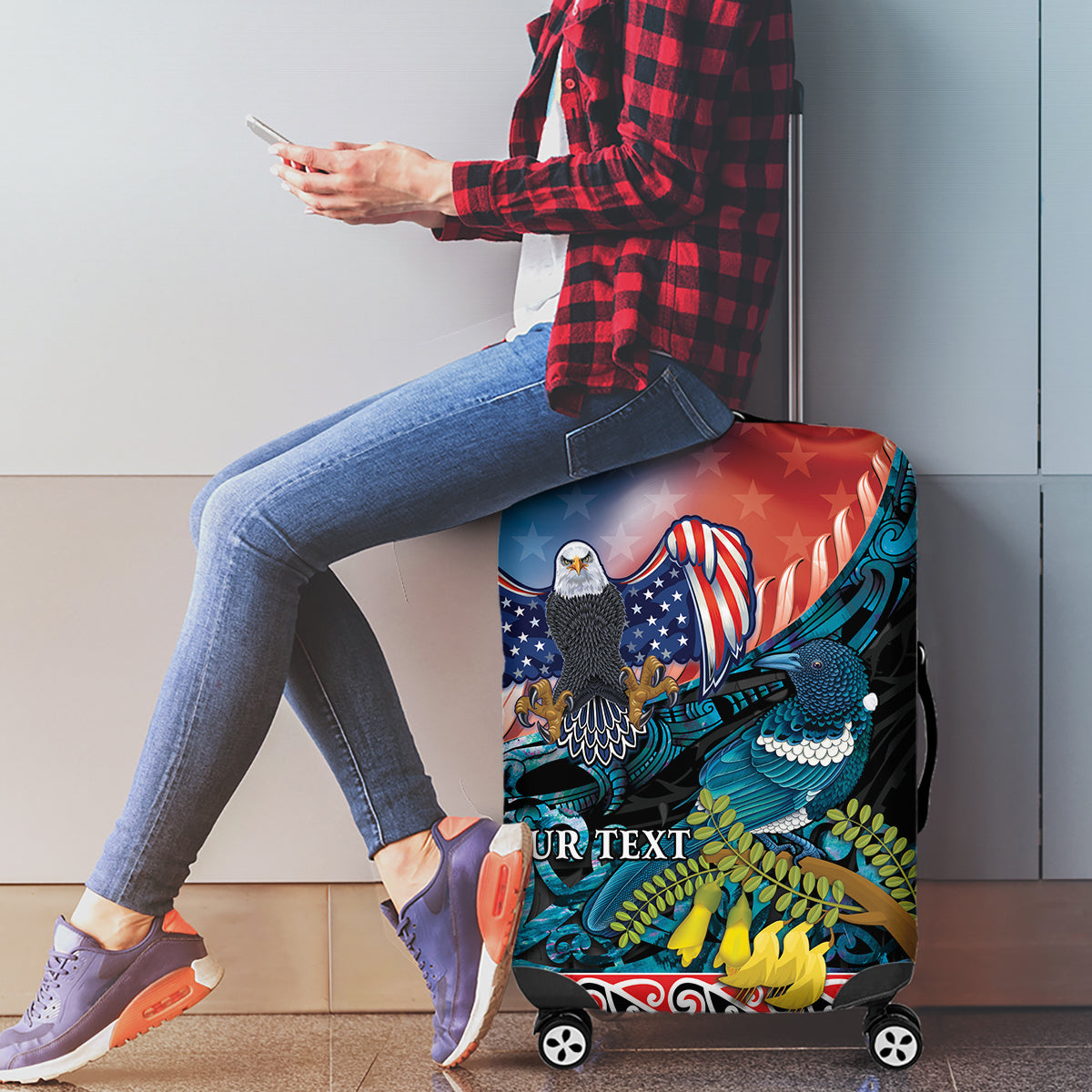 Personalised United States And New Zealand Luggage Cover USA Eagle With Kowhai Aotearoa Tui Bird - Wonder Print Shop