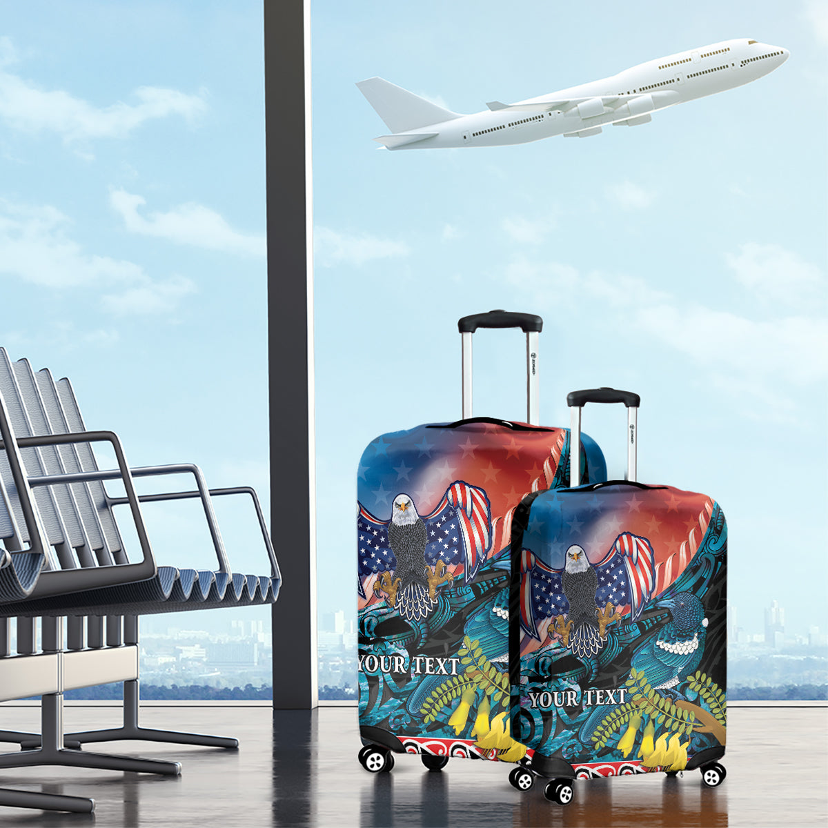 Personalised United States And New Zealand Luggage Cover USA Eagle With Kowhai Aotearoa Tui Bird - Wonder Print Shop