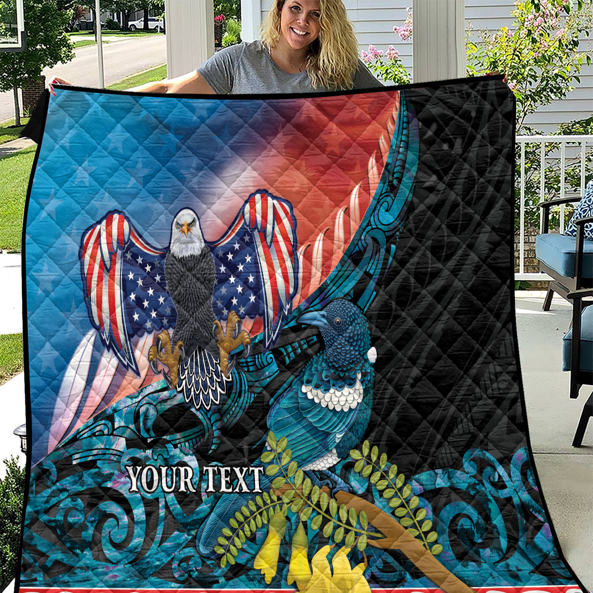 Personalised United States And New Zealand Quilt USA Eagle With Kowhai Aotearoa Tui Bird - Wonder Print Shop