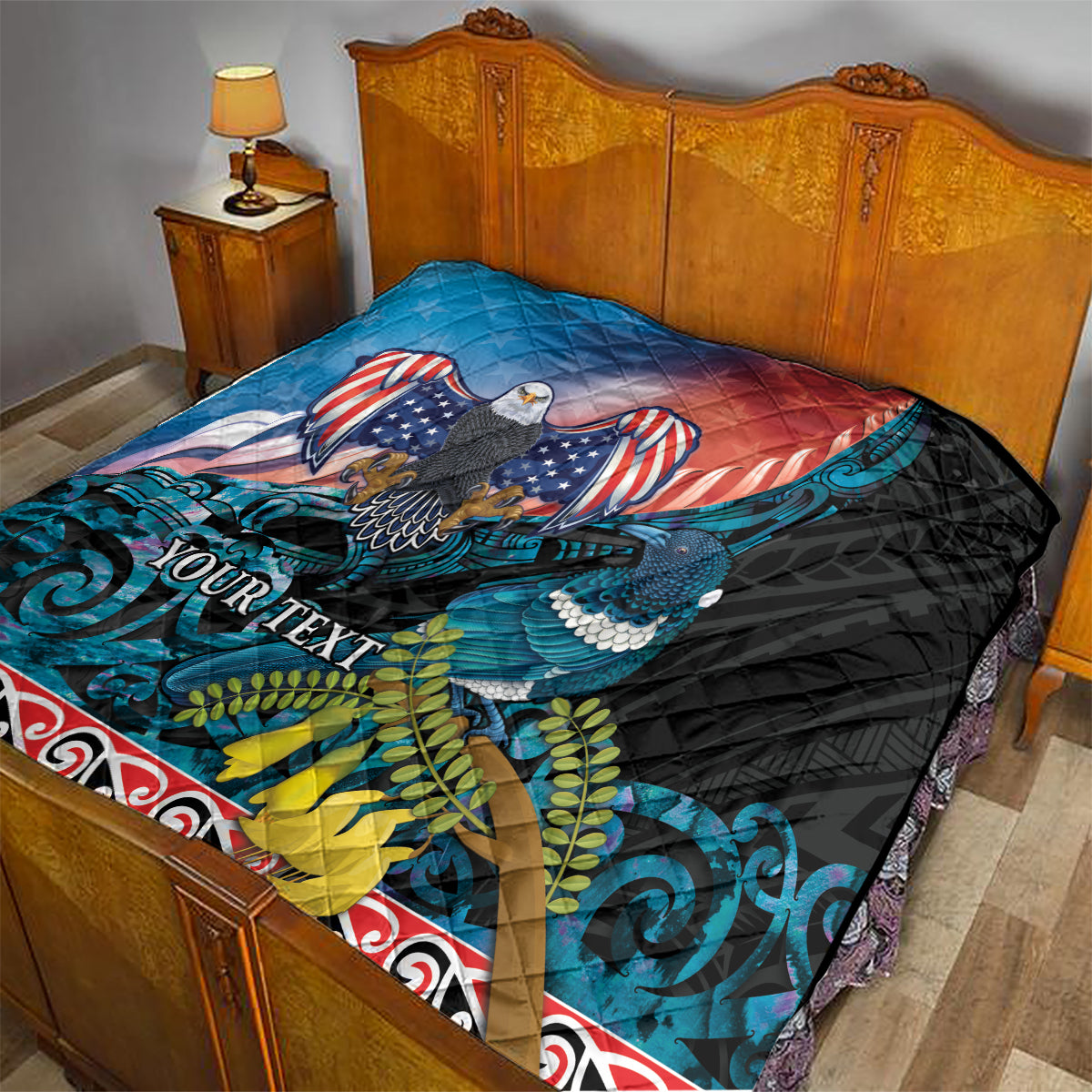 Personalised United States And New Zealand Quilt USA Eagle With Kowhai Aotearoa Tui Bird - Wonder Print Shop