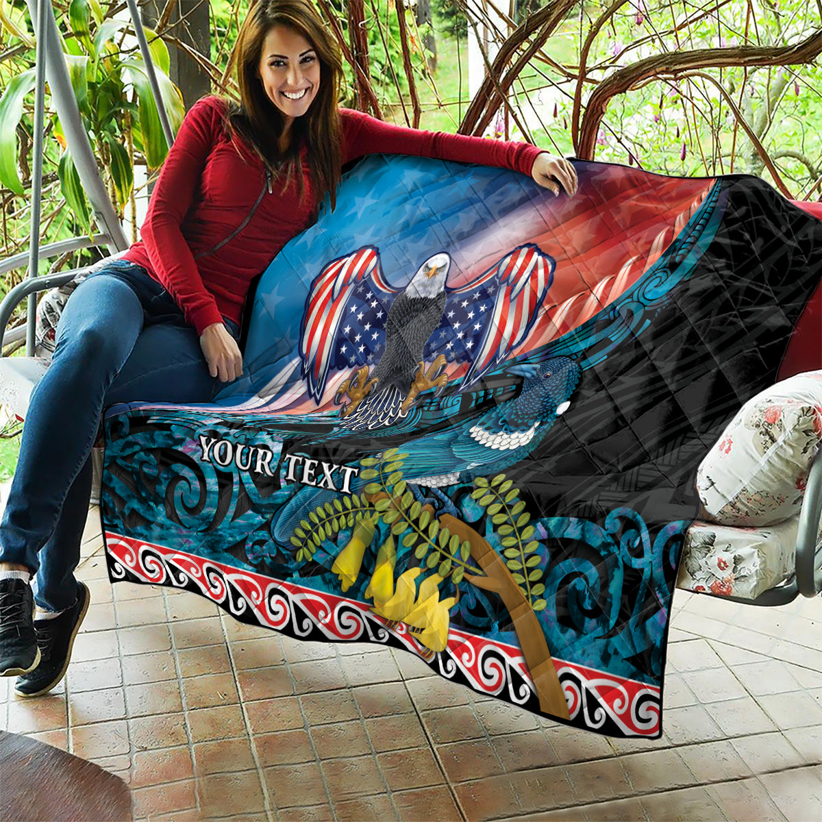 Personalised United States And New Zealand Quilt USA Eagle With Kowhai Aotearoa Tui Bird - Wonder Print Shop