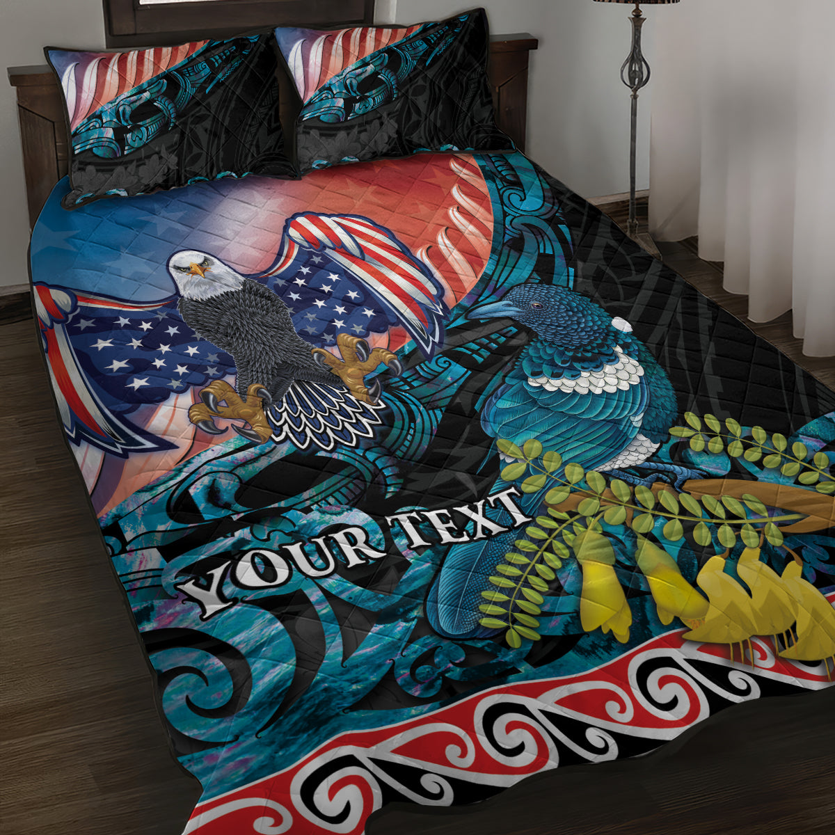 Personalised United States And New Zealand Quilt Bed Set USA Eagle With Kowhai Aotearoa Tui Bird - Wonder Print Shop