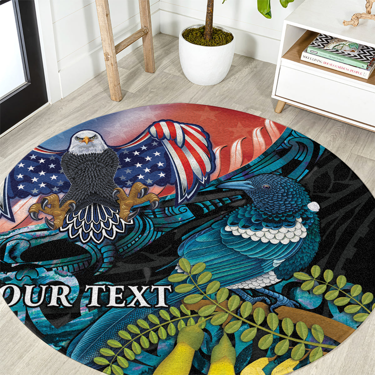 Personalised United States And New Zealand Round Carpet USA Eagle With Kowhai Aotearoa Tui Bird