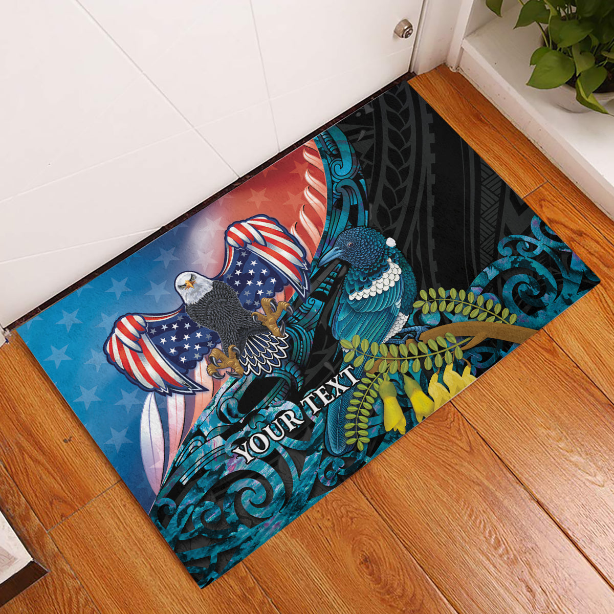 Personalised United States And New Zealand Rubber Doormat USA Eagle With Kowhai Aotearoa Tui Bird - Wonder Print Shop