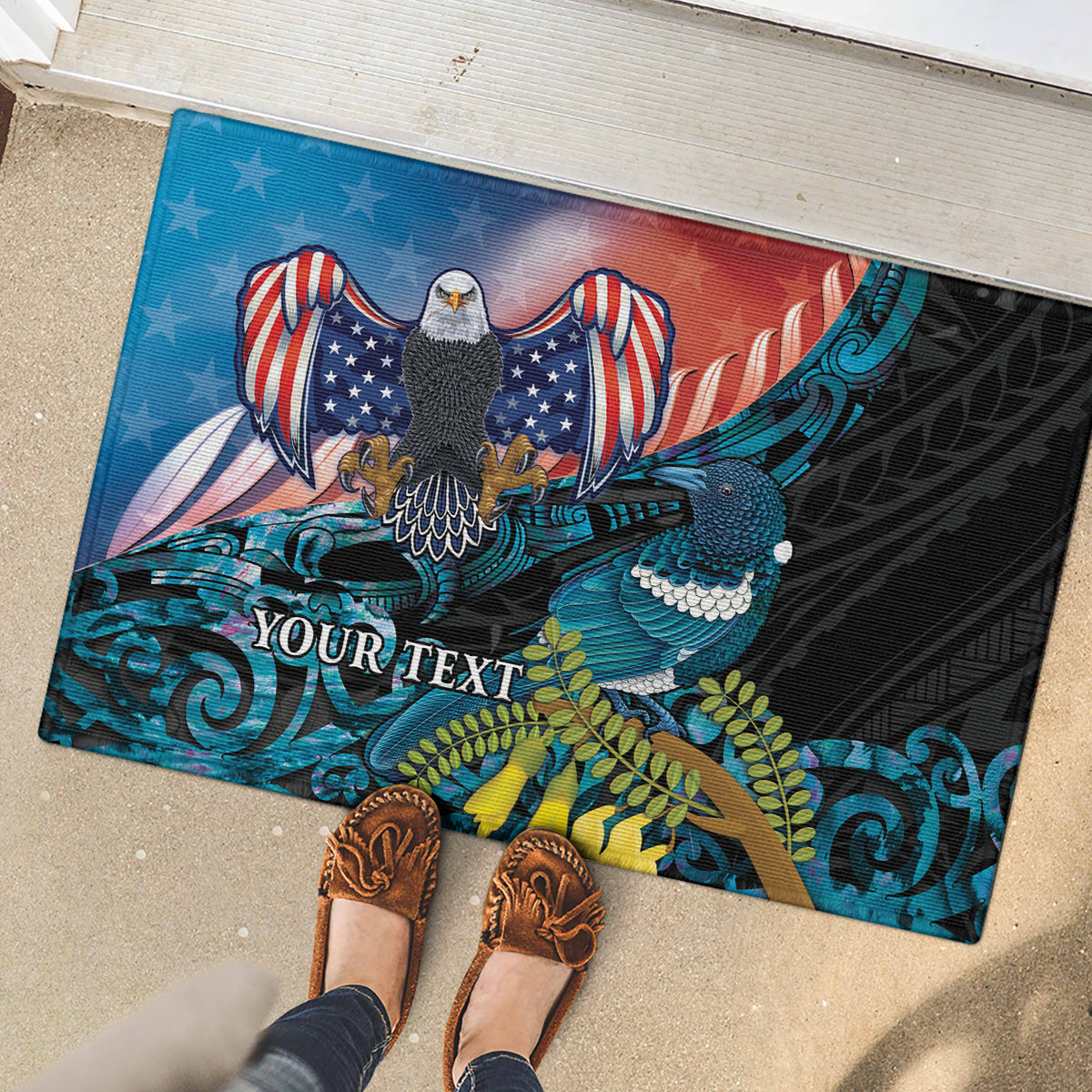 Personalised United States And New Zealand Rubber Doormat USA Eagle With Kowhai Aotearoa Tui Bird - Wonder Print Shop